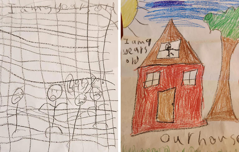 A 5-year-old girl held at Dilley drew a picture of stick figures behind bars saying, "Let us go." Her older sibling drew a picture of their home. (via Eric Lee, Lee & Goshall-Bennett, LLP)