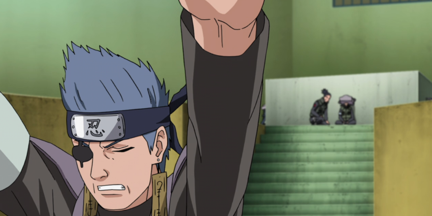 Ao has his arms held up while he talks about a Tailed Beast with Shikaku and Inoichi in Naruto: Shippuden.