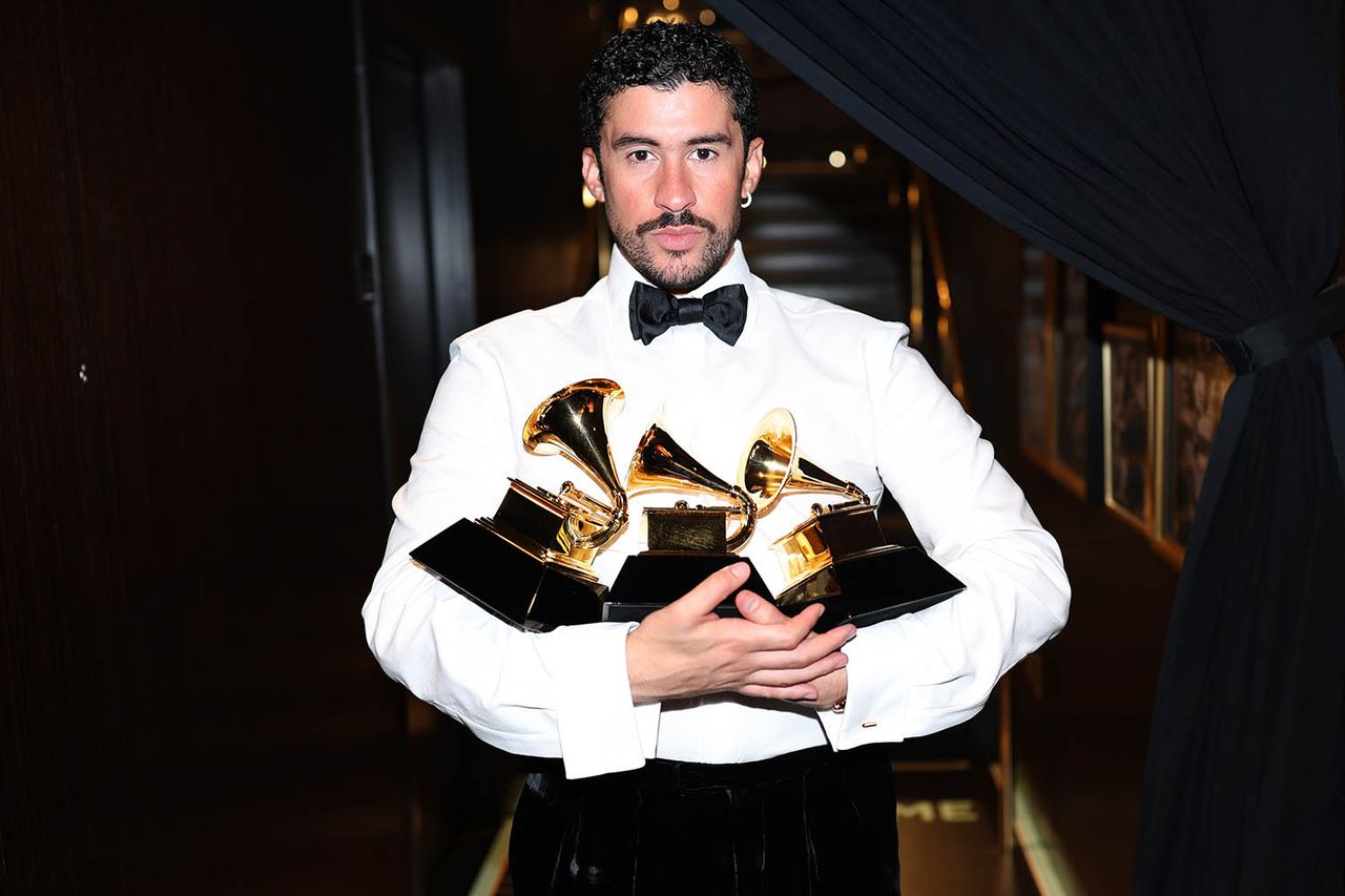 Bad Bunny poses with his Grammys Matt Winkelmeyer/Getty