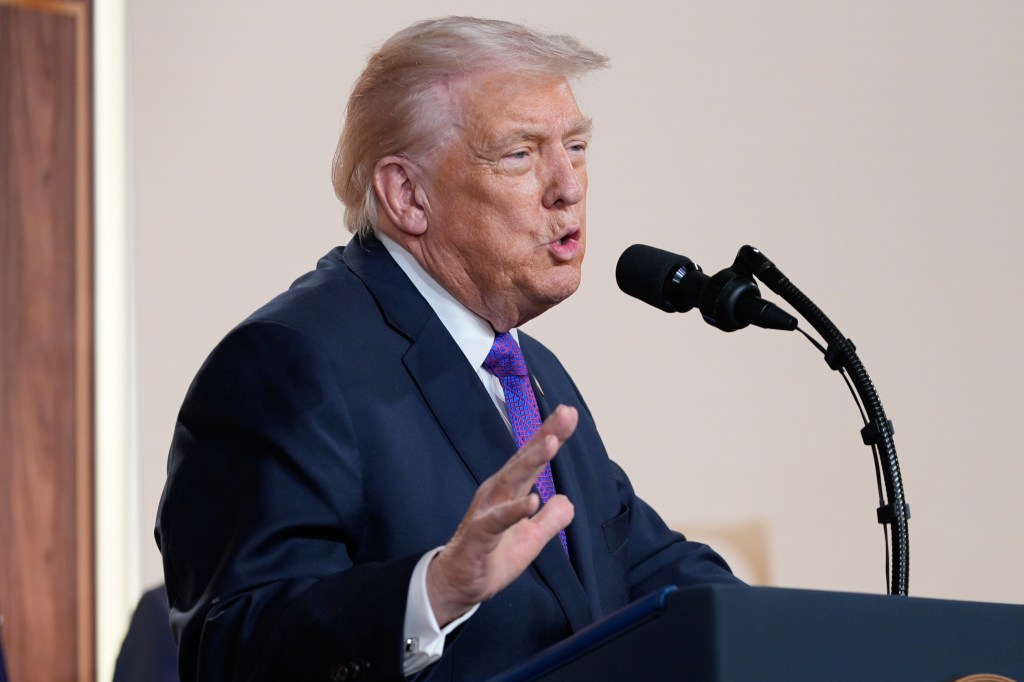President Donald Trump speaks about TrumpRx in the South Court Auditorium in the Old Eisenhower Executive Office Building on the White House campus, Thursday, February 5, 2026, in Washington. (AP Photo/Alex Brandon)