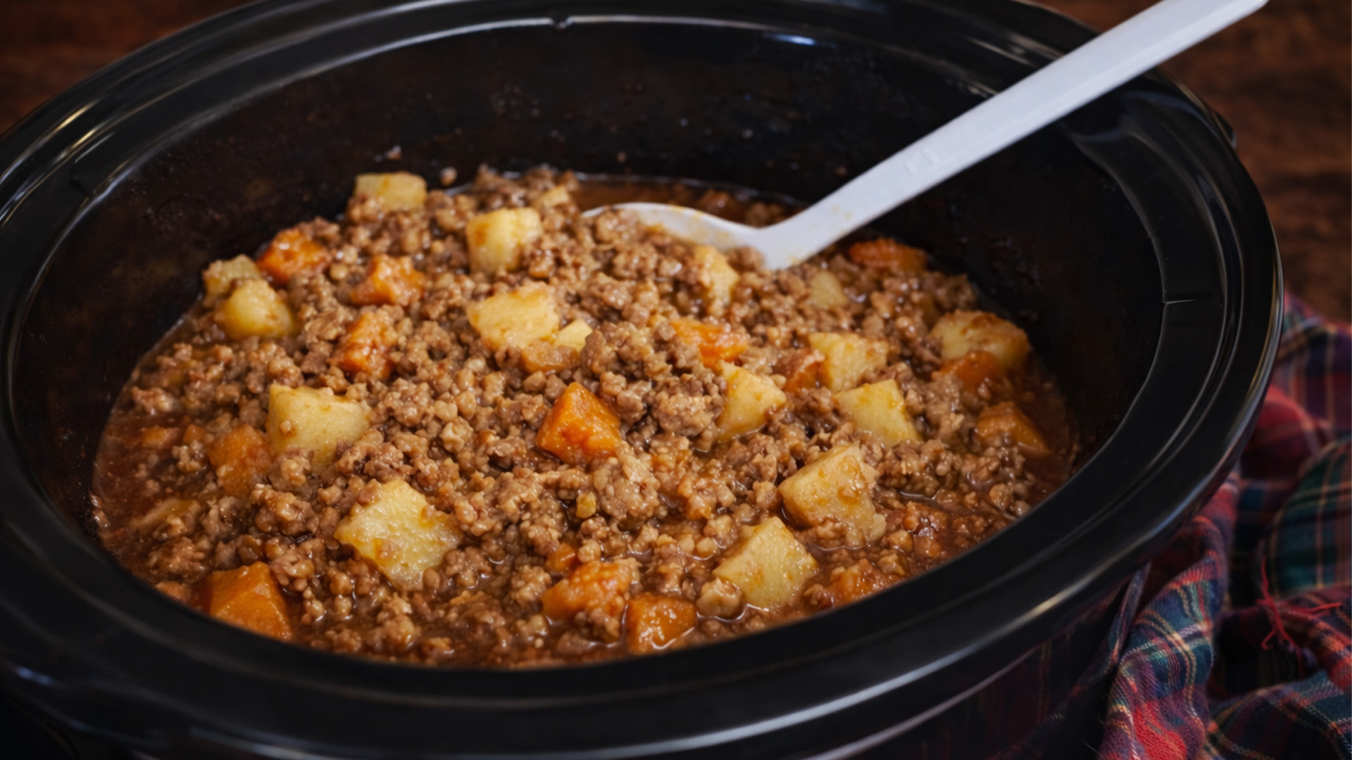 Traditional Scottish stovies made in a slow cooker