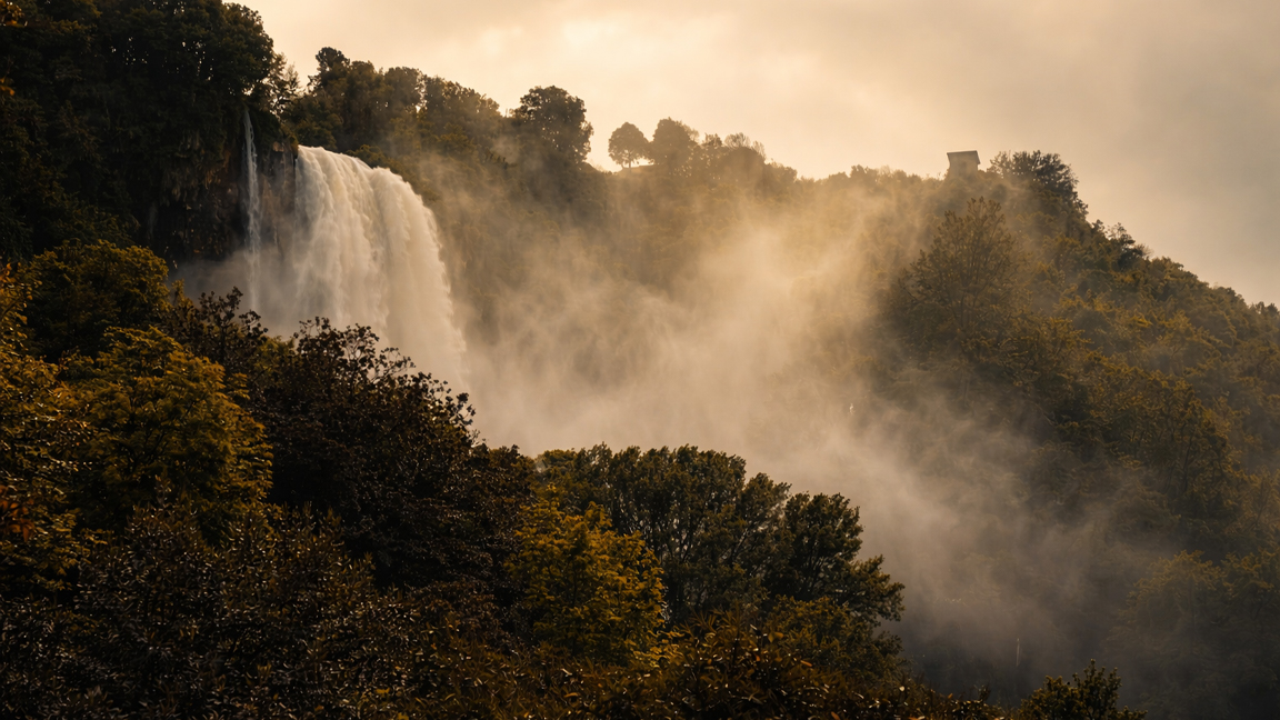 Waterfall hidden in morning mist