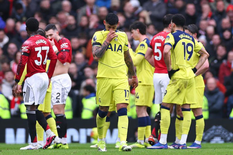 MANCHESTER, ENGLAND - FEBRUARY 7: Cristian Romero of Tottenham Hotspur reacts as he walks off after being sent off during the Premier League match between Manchester United and Tottenham Hotspur at Old Trafford on February 7, 2026 in Manchester, United Kingdom. (Photo by Robbie Jay Barratt - AMA/Getty Images)