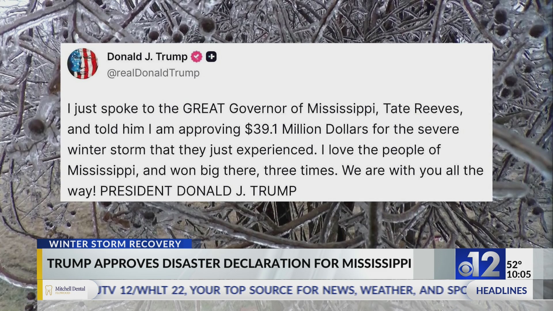 Trump approves disaster declaration for Mississippi after winter storm