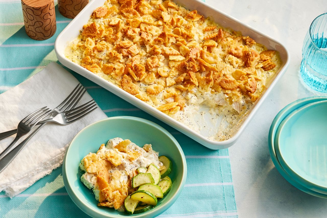 Southern Living Poppy Seed Chicken in the casserole dish with a serving removed