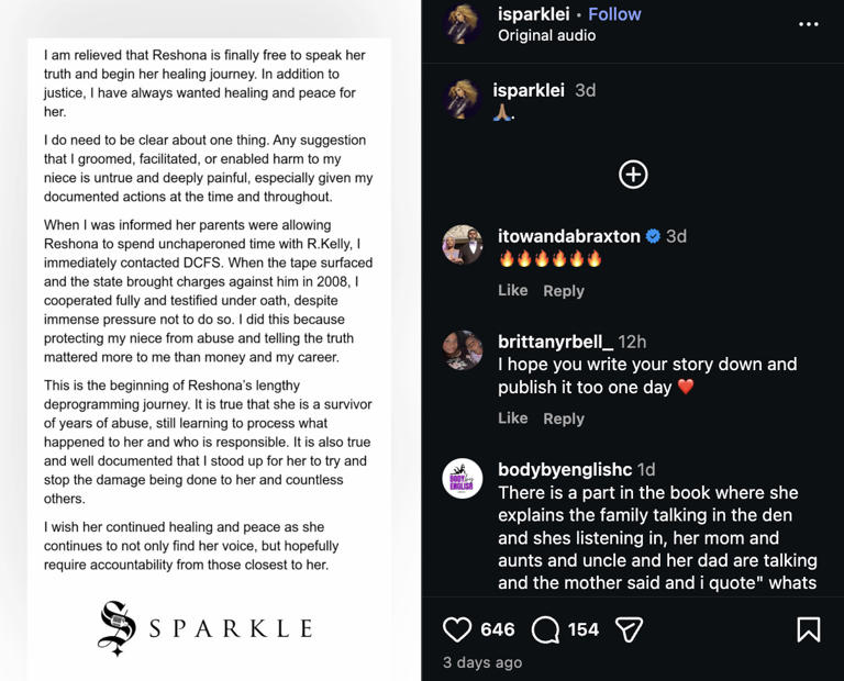 Sparkle slams her niece, R Kelly accuser Reshona Landfair, as a liar