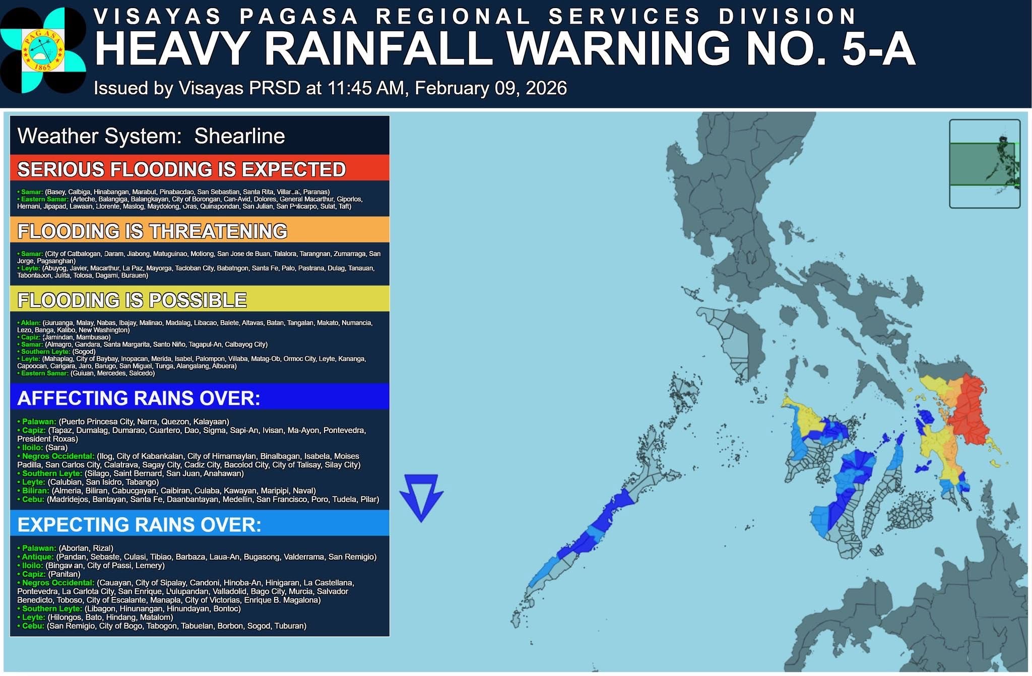 Heavy rainfall warning up in parts of Visayas due to shear line — PAGASA