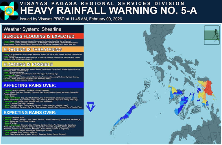 Heavy rainfall warning up in parts of Visayas due to shear line — PAGASA