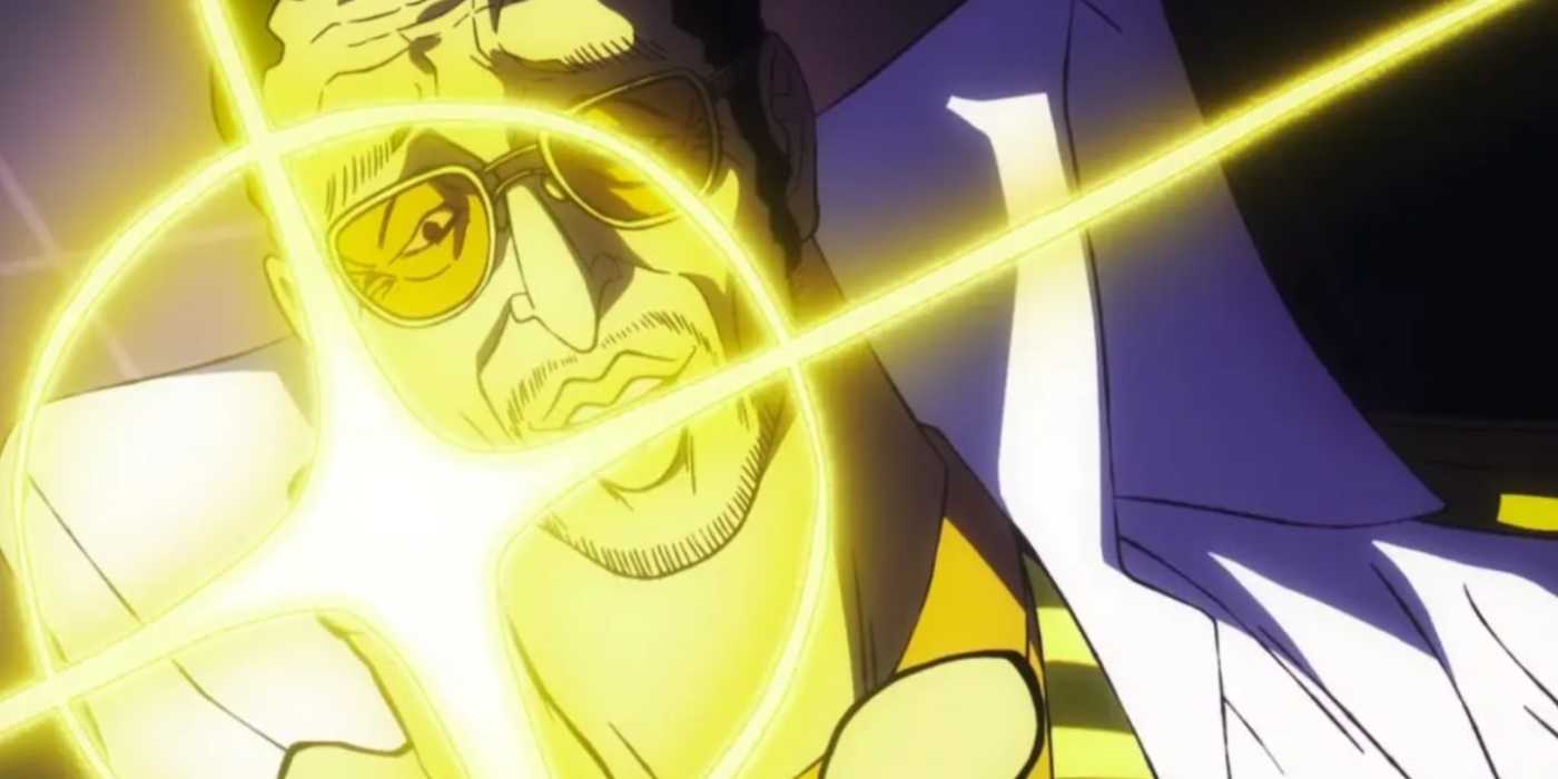 Admiral Kizaru prepares to use the Glint-Glint Fruit to fire a laser from his finger at Luffy during the Egghead Incident in One Piece