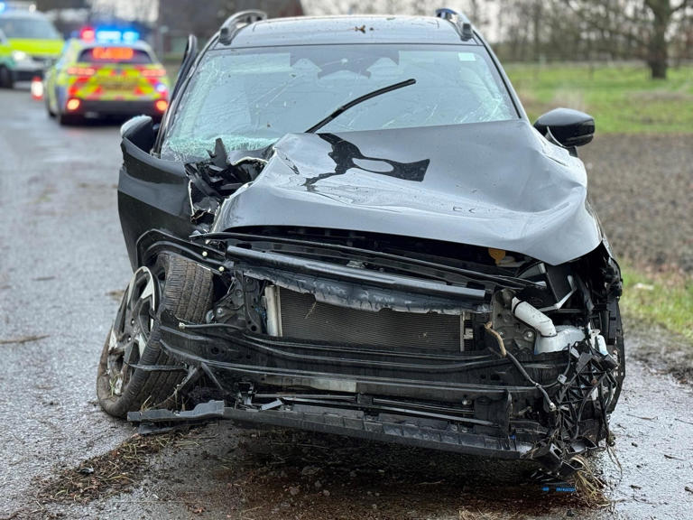 Man arrested on suspicion of drink driving after car crashes into tree ...