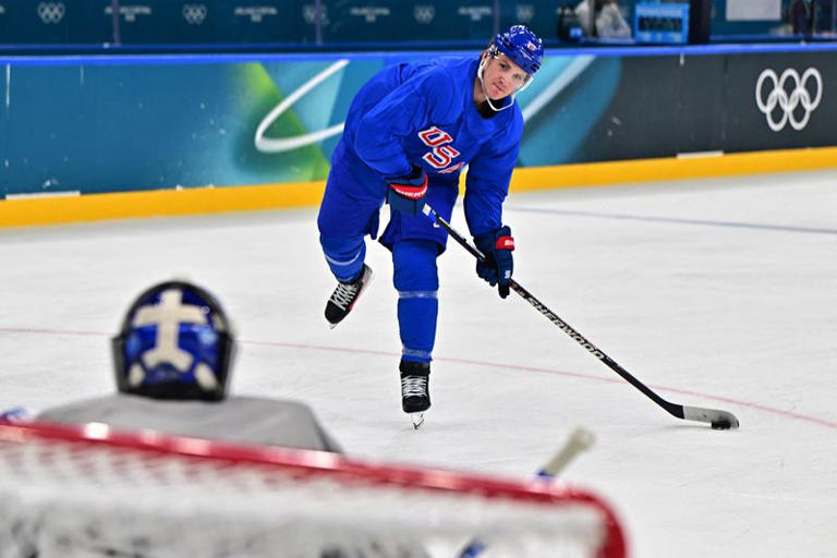 Milano Cortina 2026 Olympics - Ice Hockey - Men's - United States of America Training - Milano Santagiulia Ice Hockey Arena, Milan, Italy - February 08, 2026. Matthew Tkachuk of United States during training REUTERS/Marton Monus