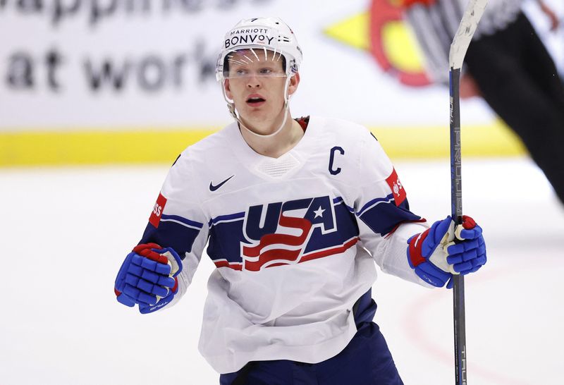 Ice Hockey - IIHF World Championships - Group B - United States v Slovakia - Ostrava Arena, Ostrava, Czech Republic - May 13, 2024 Brady Tkachuk of the U.S. celebrates scoring their third goal REUTERS/David W Cerny