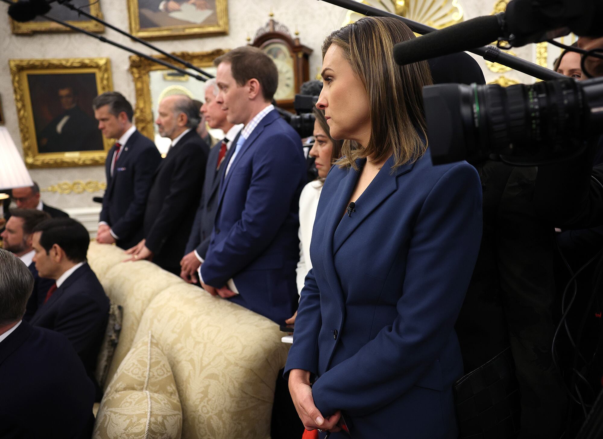 ABC News Chief White House Correspondent Mary Bruce, right, looks on during a bilateral meeting between President Donald Trump and Crown Prince and Prime Minister Mohammed bin Salman of Saudi Arabia in the Oval Office of the White House on Nov. 18, 2025 in Washington, DC. / Win McNamee/Getty Images