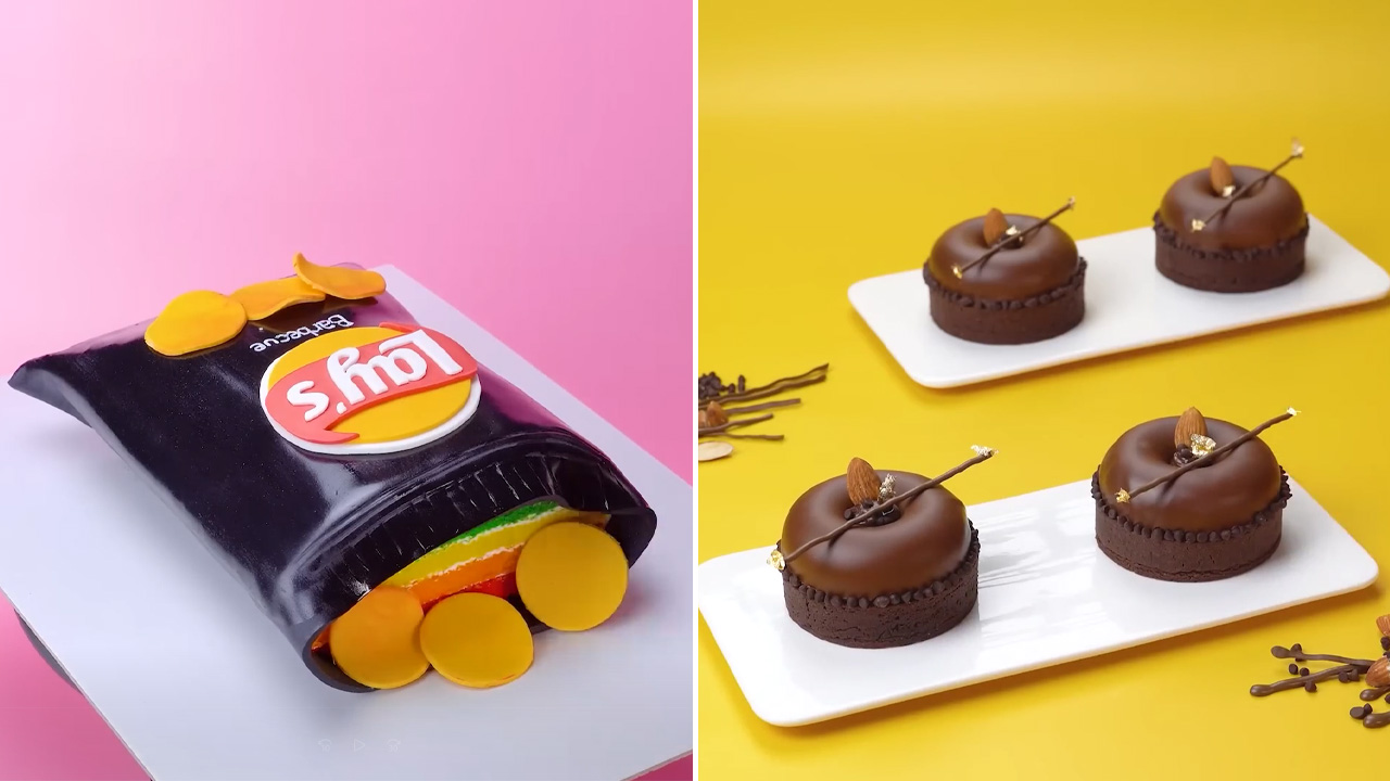 Creative dessert designs with chocolate cakes and candy style