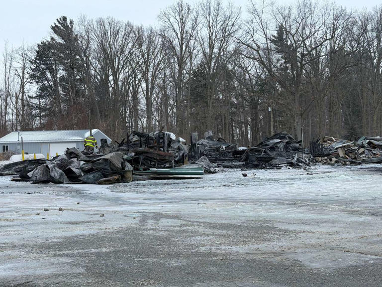 An overnight fire destroyed Sebewaing’s historic VFW and Sportsman’s Club. (Eric Young/Huron Daily Tribune)