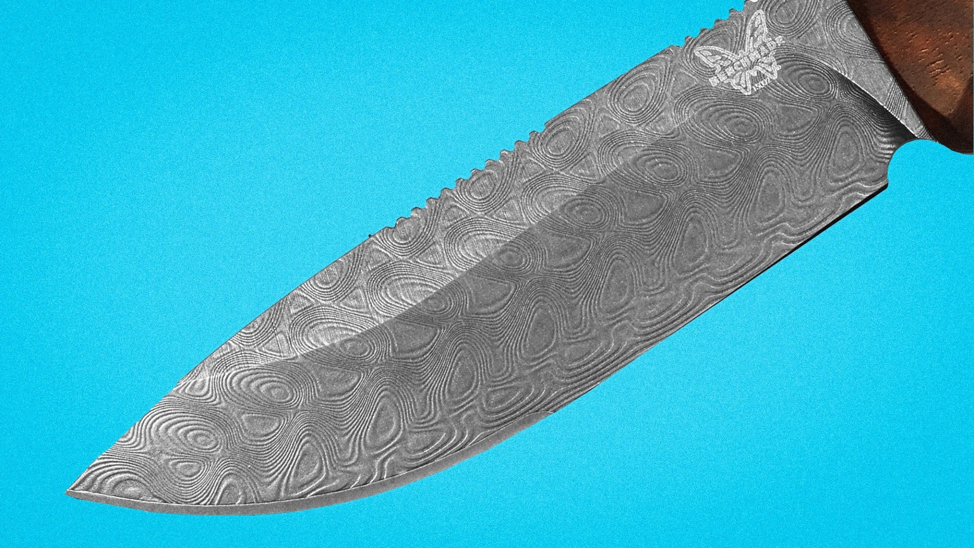 Damascus steel knife blade with intricate swirling patterns and a butterfly logo near the wooden handle.