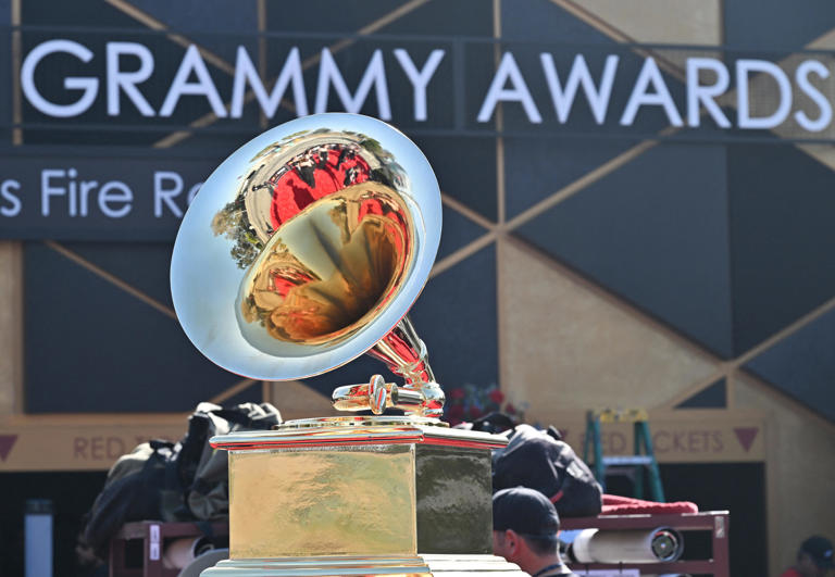 A Grammy statue is displayed on the red carpet ahead of the arrivals for the 67th Annual Grammy Awards at the Crypto.com Arena in Los Angeles on Feb. 2, 2025.