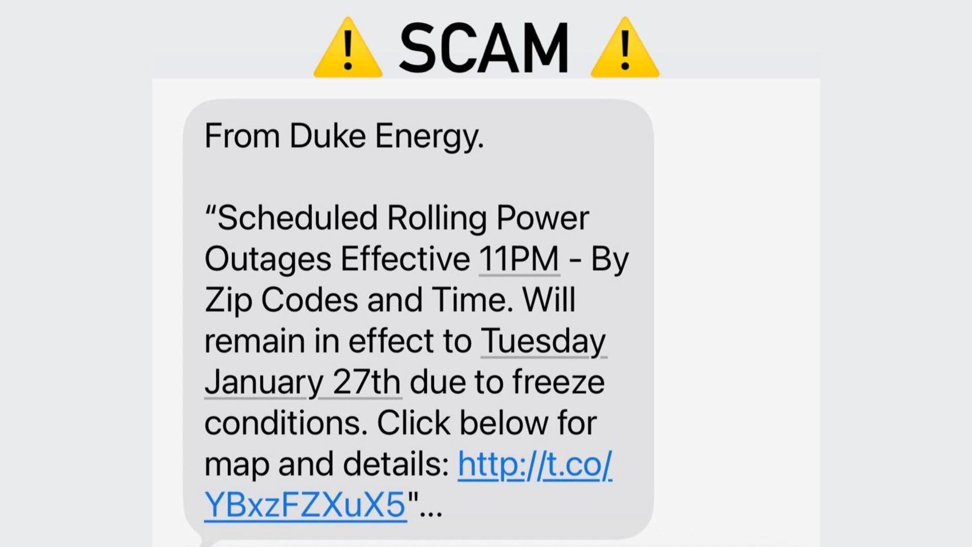 Text about rolling blackouts is a scam, Duke Energy officials warn