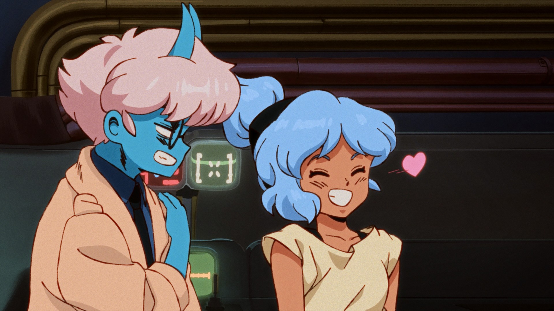 Orbitals screenshot showing retro anime style art of a blue character with horns, white hair, and round glasses looking irksomely at a girl with light teal hair who's grinning and emitting a heart emoji