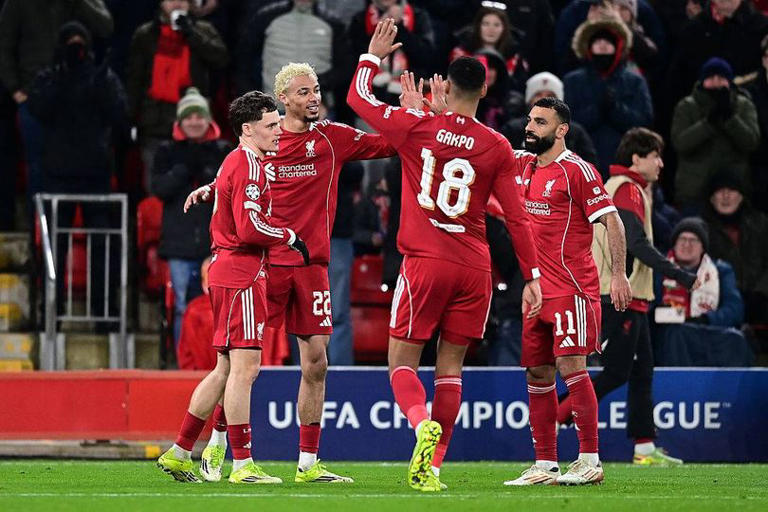 LIVERPOOL, ENGLAND - JANUARY 28: Liverpool's Hugo Ekitike celebrates scoring his side's fifth goal with his team-mates during the UEFA Champions League 2025/26 League Phase MD8 match between Liverpool FC and Qarabag FK at Anfield on January 28, 2026 in Liverpool, England. (Photo by Richard Martin-Roberts - CameraSport via Getty Images)