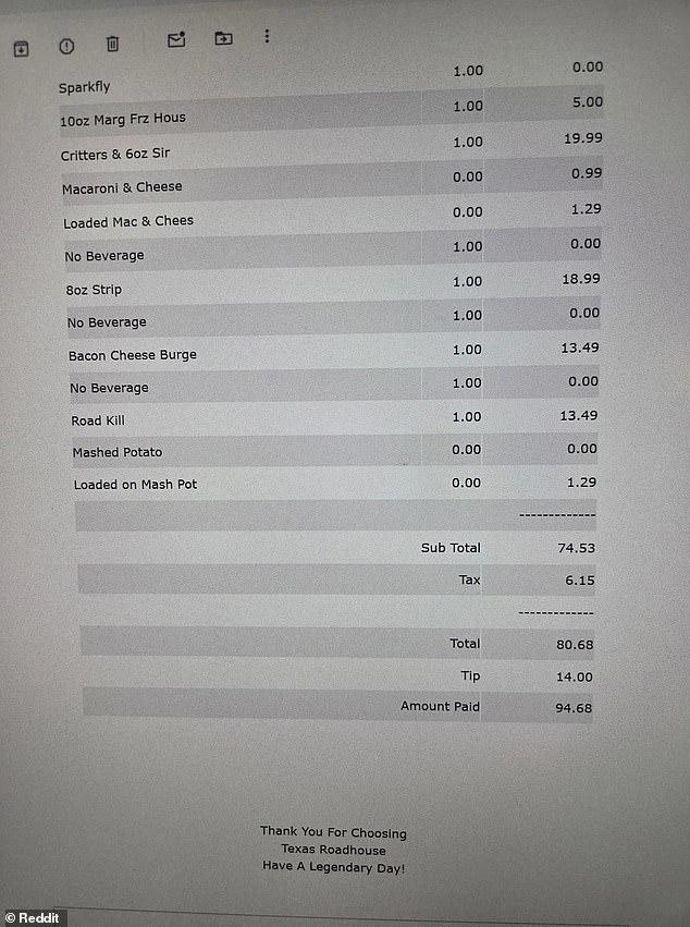 The customer did the math themselves, and found that the total Texas Roadhouse had calculated made no sense