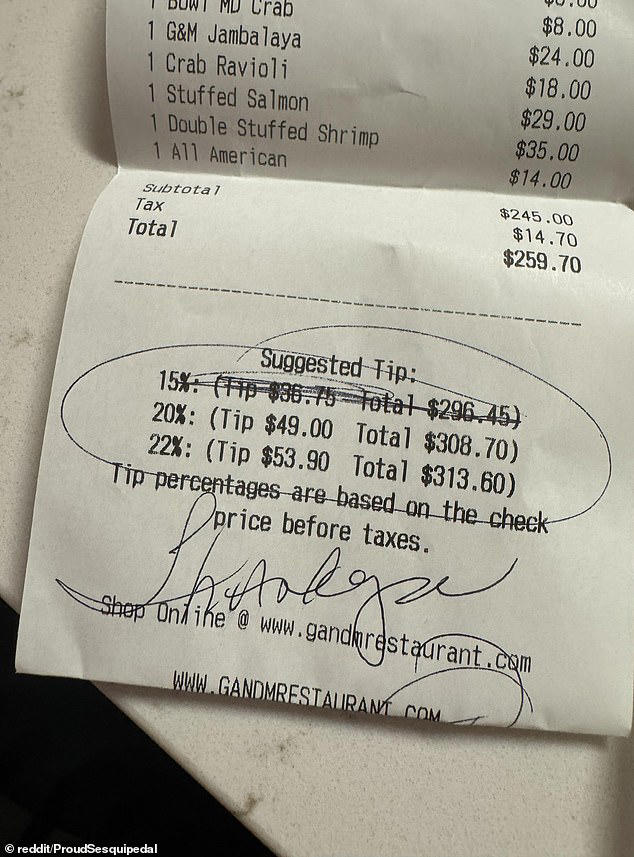 Customers at a casual seafood eatery in Maryland were outraged when they received their bill for a $260 meal with the 15 percent tip option scribbled out by the server