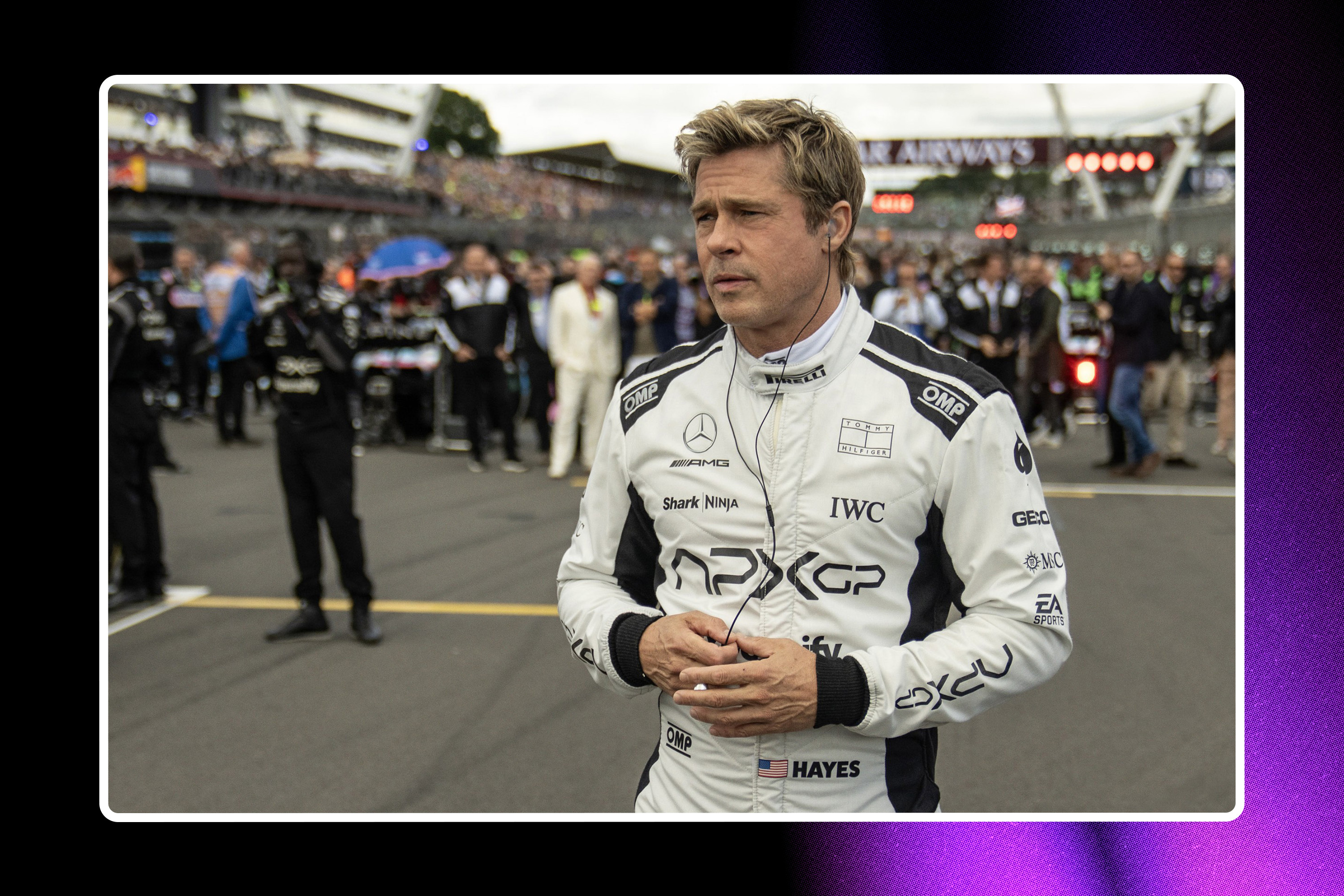 Brad Pitt in F1: The Movie. (Photo illustration: Yahoo News; photo: Scott Garfield/Warner Bros./Everett Collection)