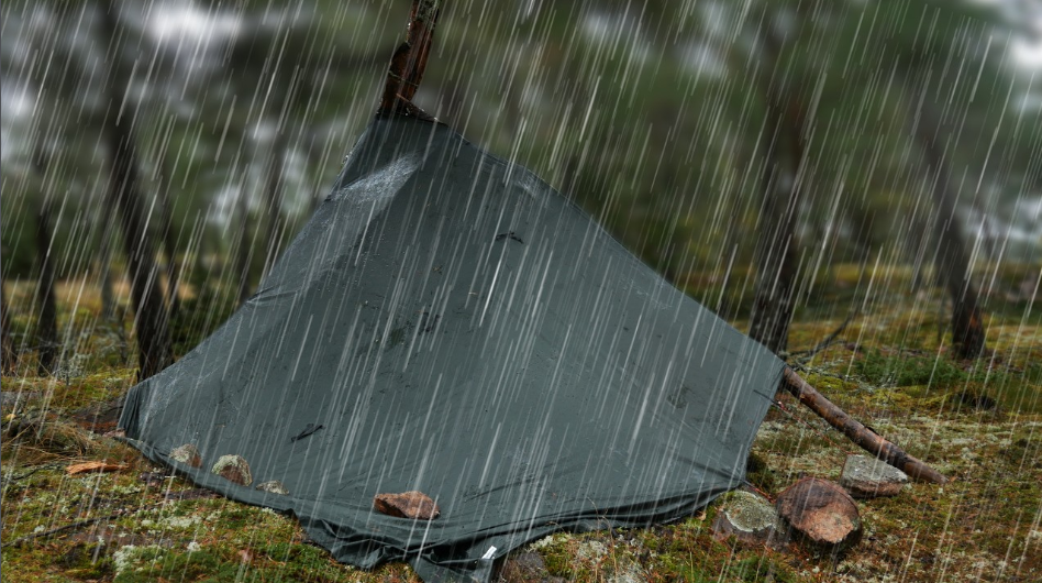 Tarp vs rain - camping under a tree in a bushcraft shelter