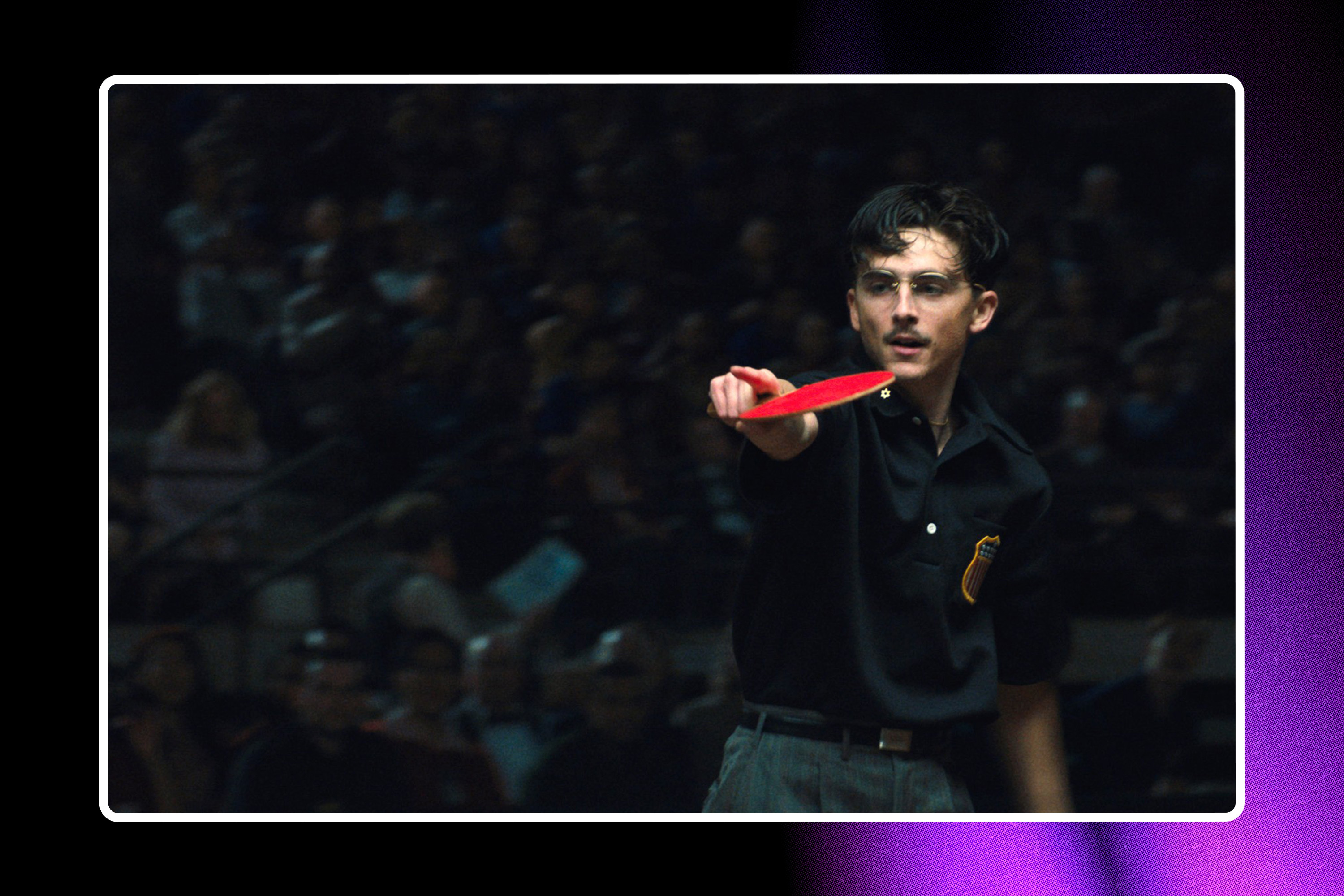 Timothée Chalamet in Marty Supreme. (Photo illustration: Yahoo News; photo: A24/Everett Collection)