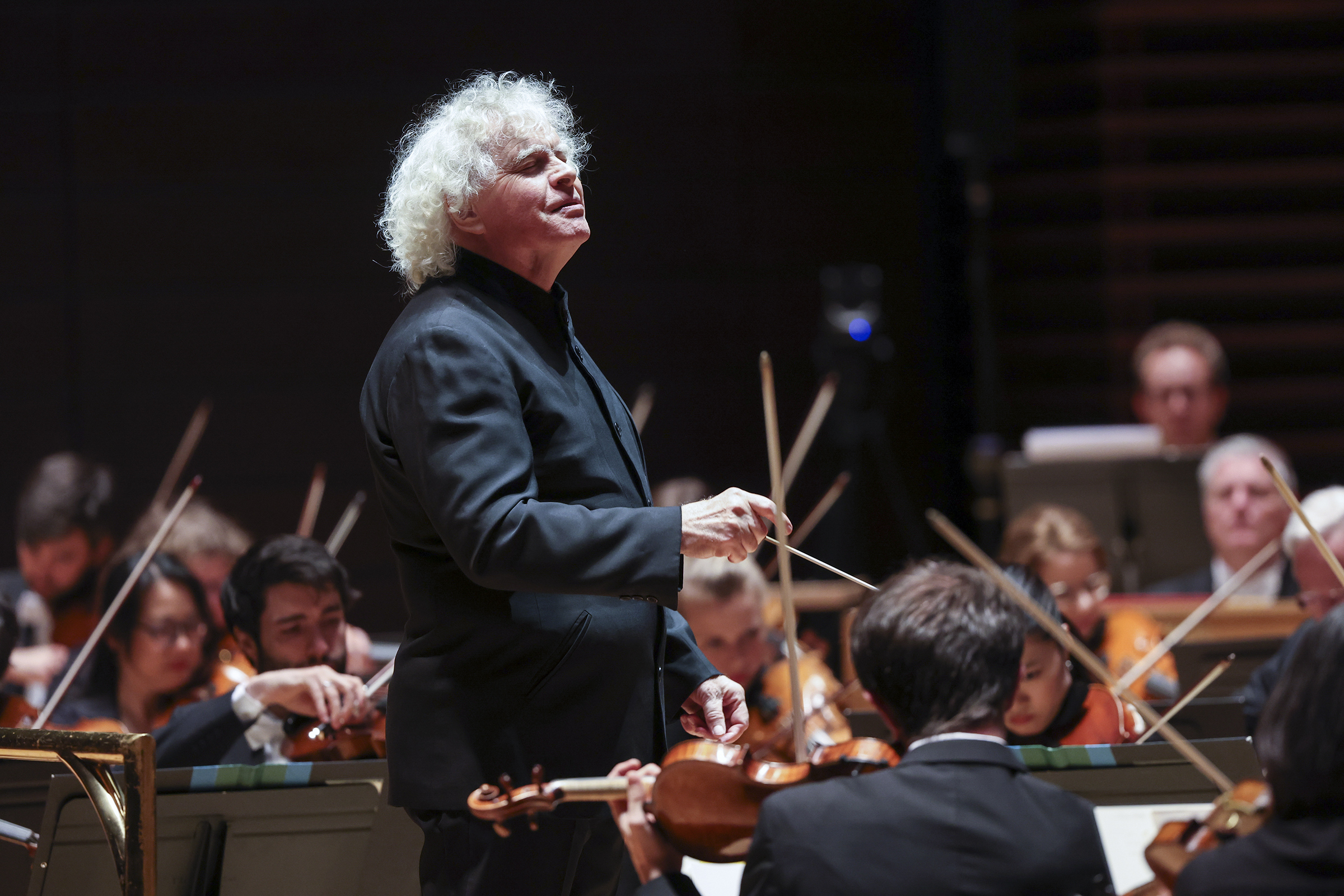 Simon Rattle conducts the Bavarian Radio Symphony Orchestra at Verizon Hall at the Kimmel Center in Philadelphia on May 1, 2024.