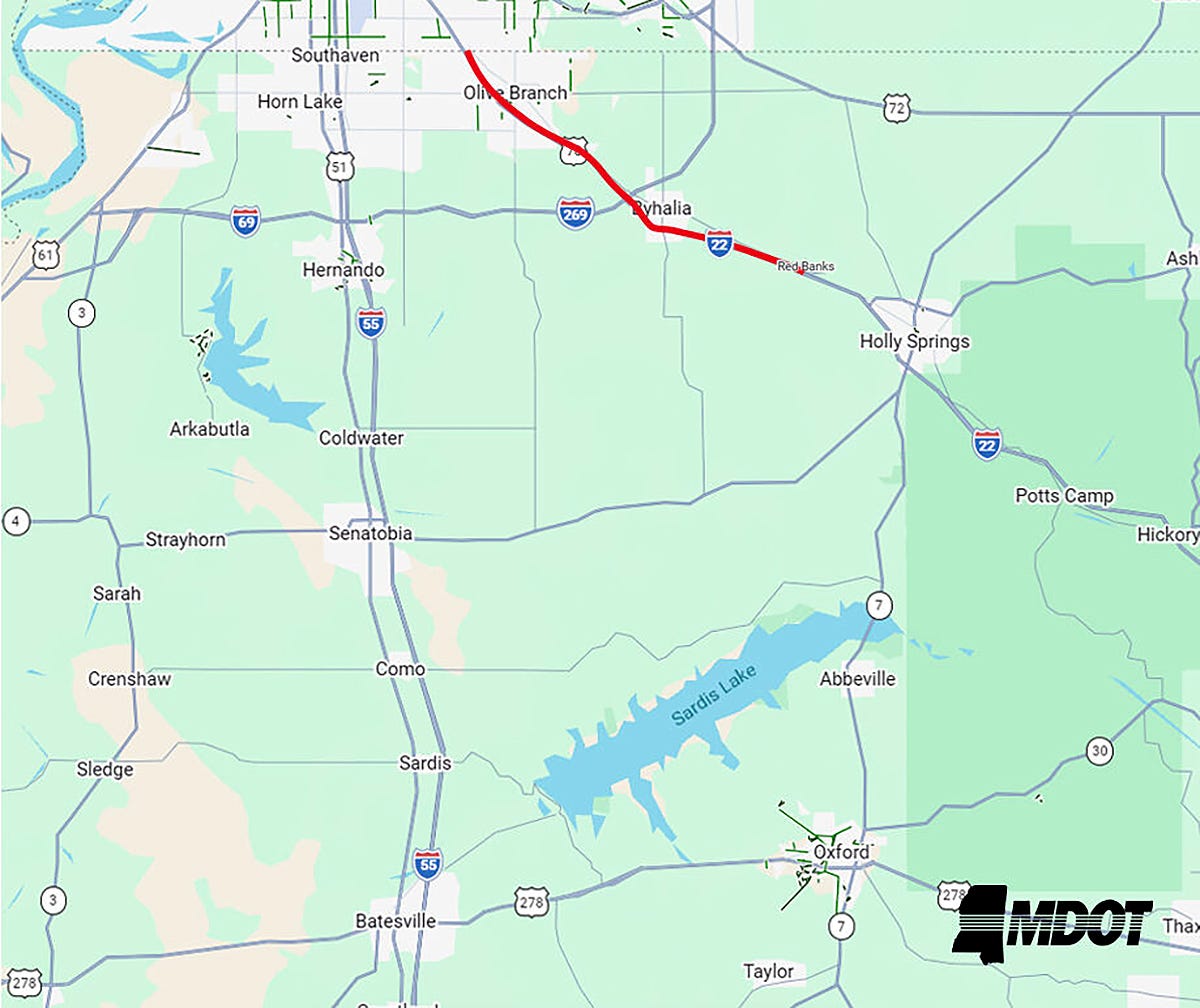 Interstate 55 open in north Mississippi. Interstate 22 westbound open