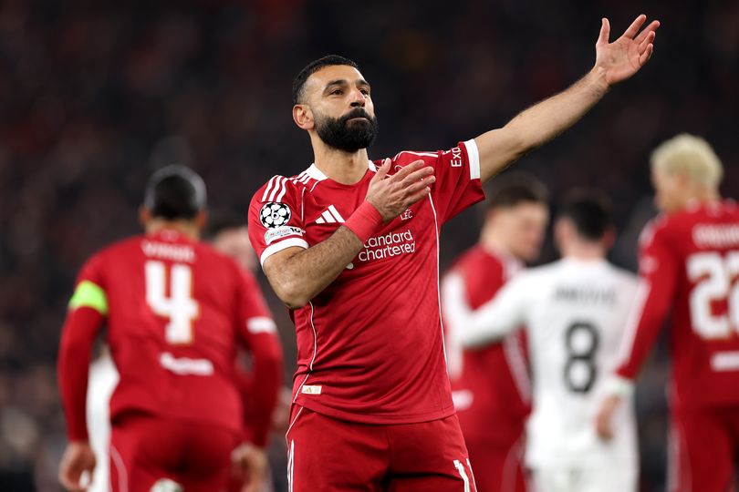 LIVERPOOL, ENGLAND - JANUARY 28: Mohamed Salah of Liverpool celebrates scoring his team's third goal during the UEFA Champions League 2025/26 League Phase MD8 match between Liverpool FC and Qarabag FK at Anfield on January 28, 2026 in Liverpool, England. (Photo by Justin Setterfield/Getty Images)