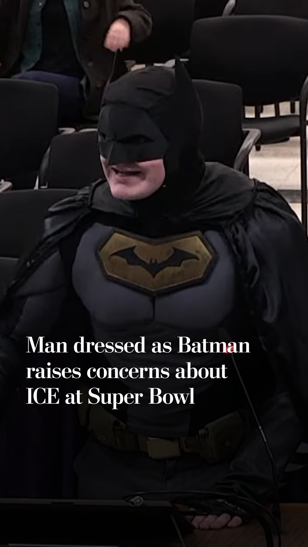 Man dressed as Batman concerned about ICE at Super Bowl