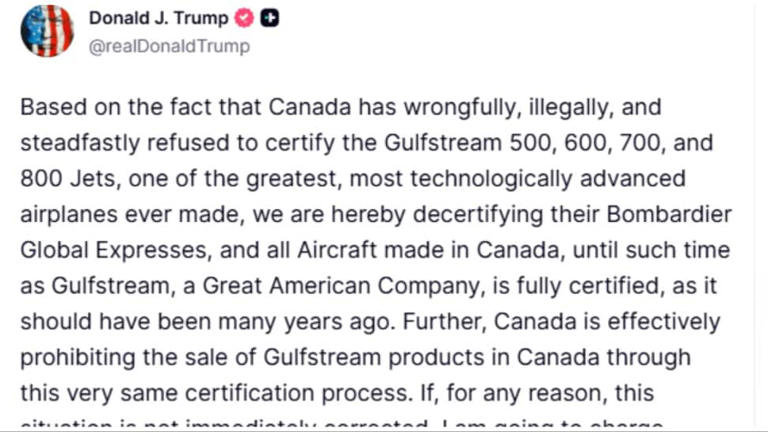 Trump threatens 50% tariff on Canadian aircraft sold in US, escalating ...