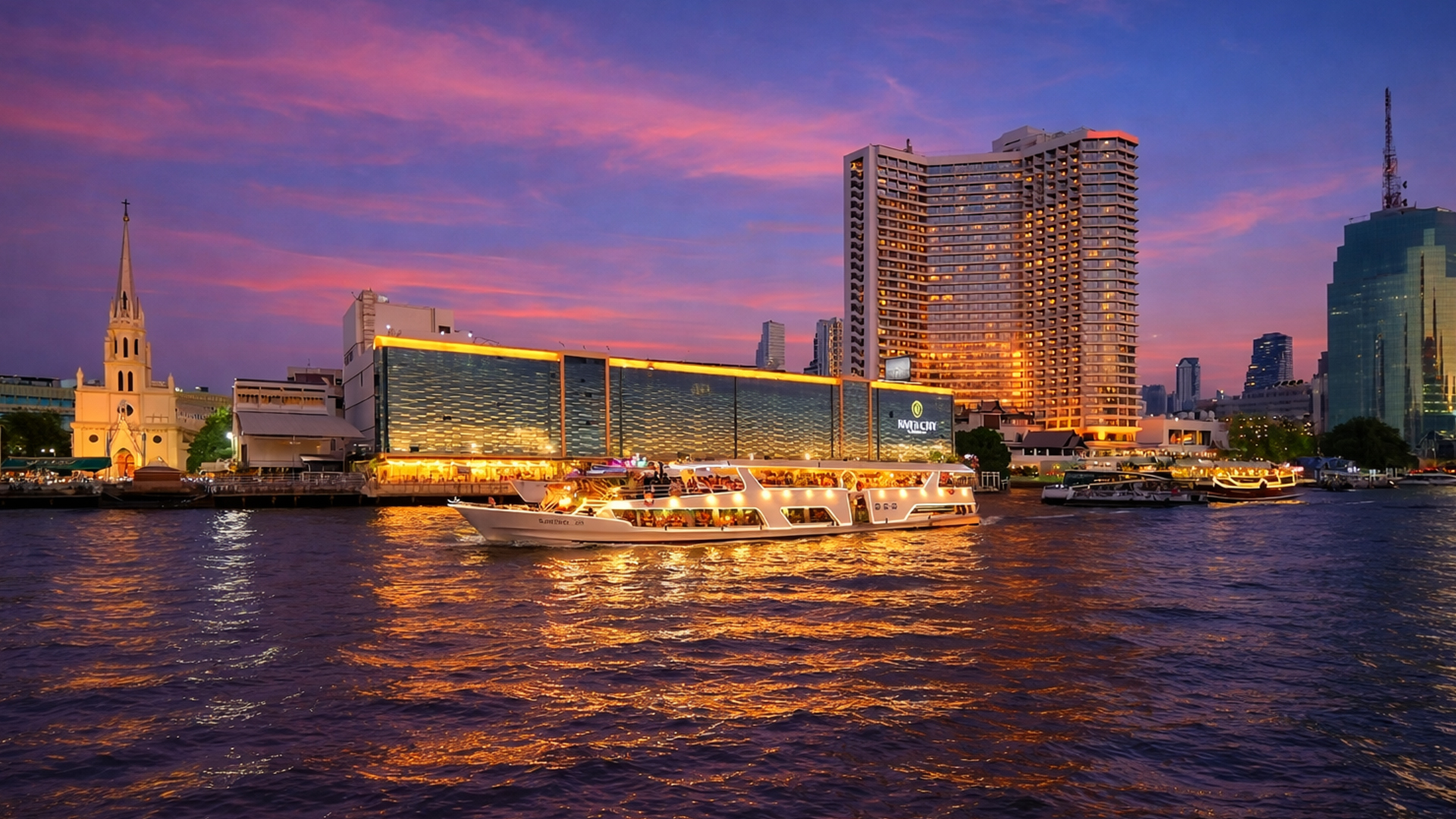 Cena in crociera sul fiume Chao Phraya a Bangkok al tramonto (4K)