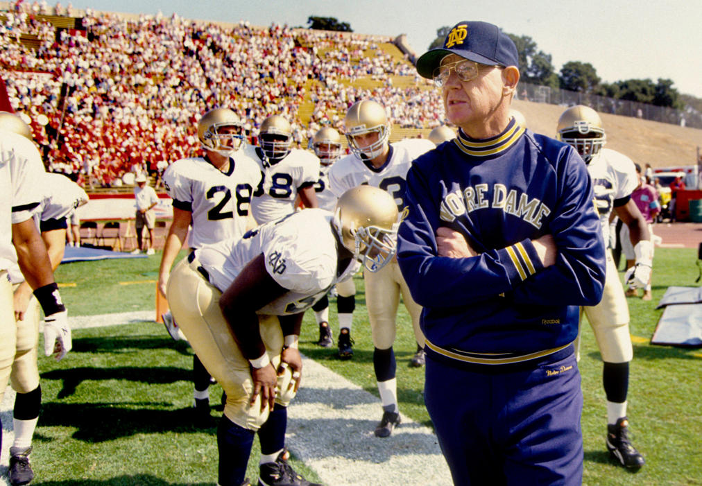 Notre Dame Fighting Irish head coach Lou Holtz on the field prior to a 1993 game against the Stanford Cardinal.