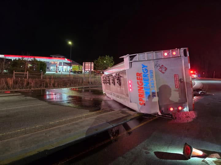 Fuel spills after tanker truck overturns in Brunswick County