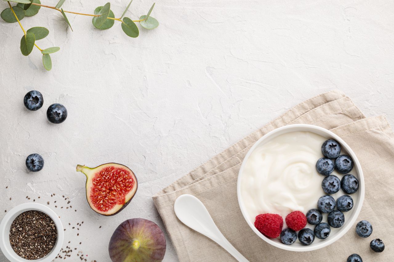 Greek yogurt in a bowl with chia seeds and berries