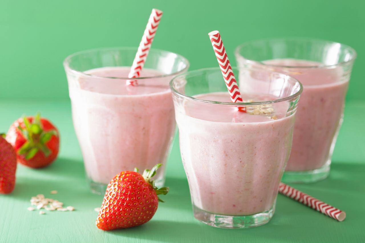 healthy strawberry oat smoothie in glass