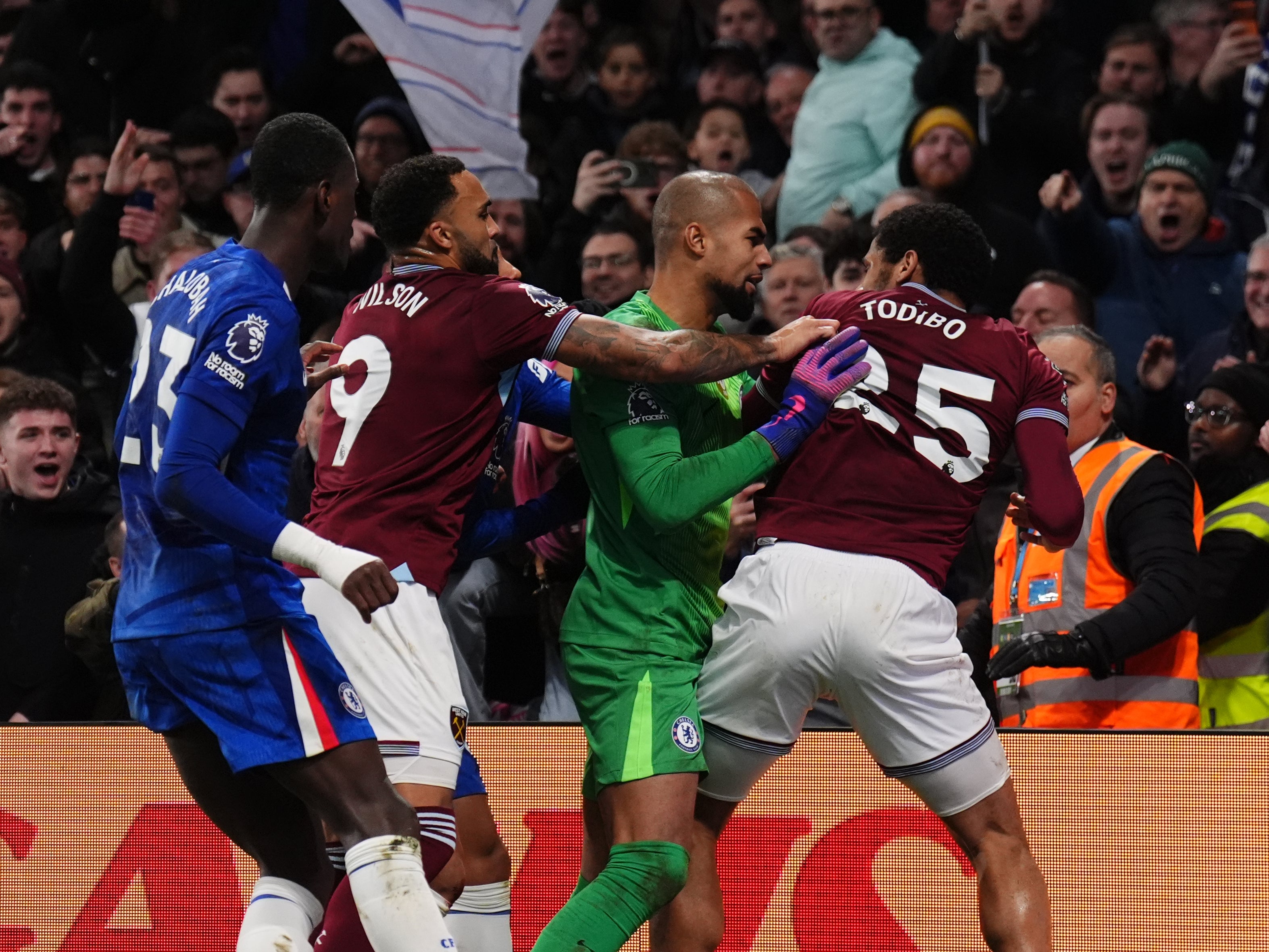Jean-Clair Todibo, right, was sent off for violent conduct in stoppage time (John Walton/PA) (PA Wire)