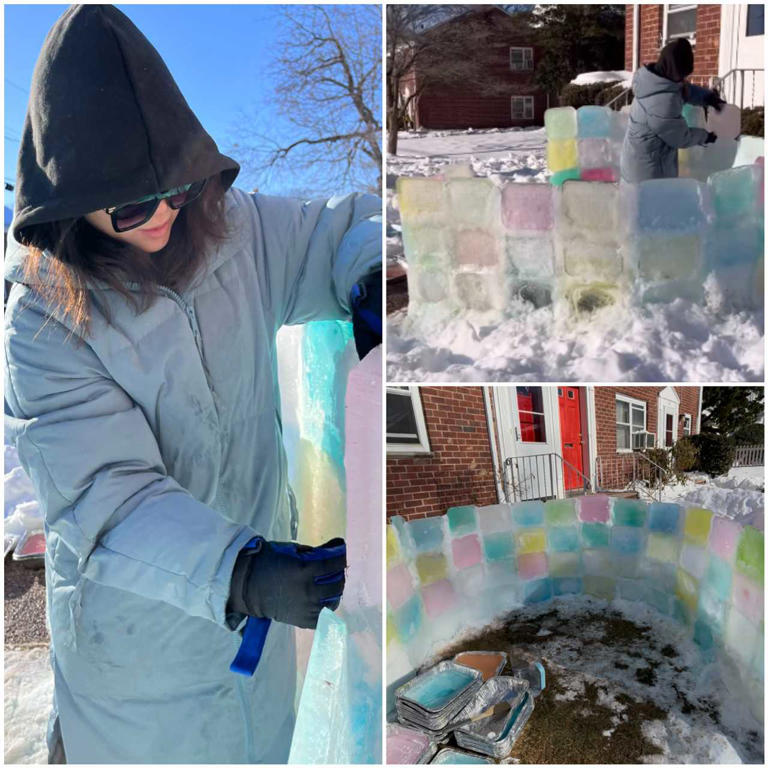 Mom building rainbow ice igloo that's going viral IRL