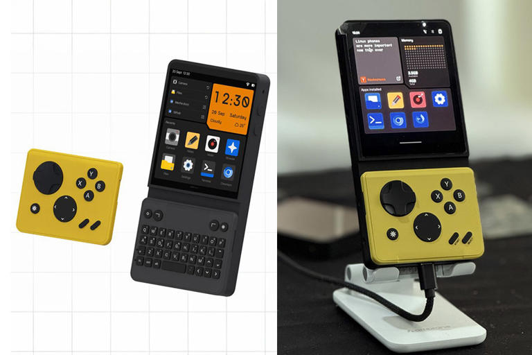 Parece um Game Boy, mas é um PC Linux modular com tela AMOLED