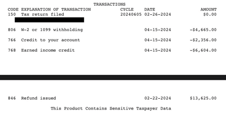 IRS transcript codes and WMR reference codes