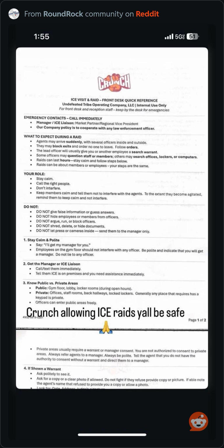 Crunch Fitness responds to leaked memo offering guidance on ICE raids ...