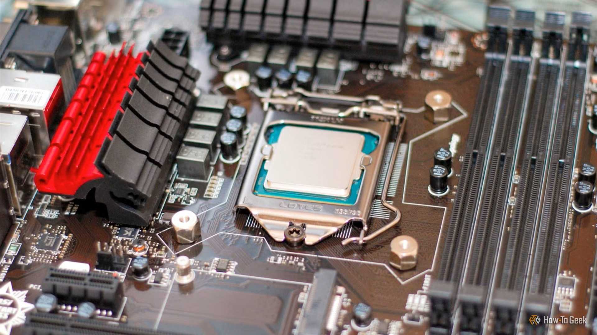 An old CPU on a motherboard without RAM.