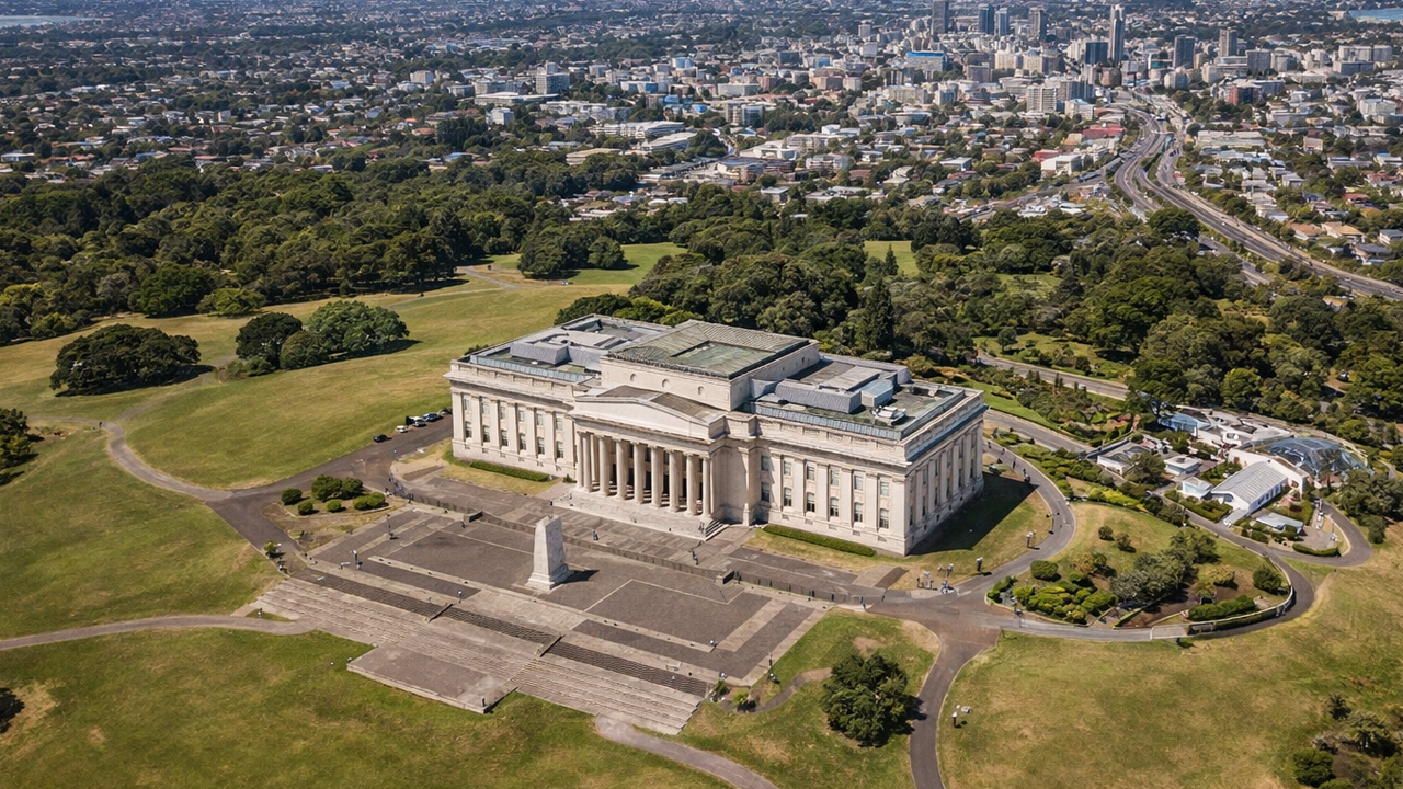 Neoclassical landmark surrounded by urban greenery