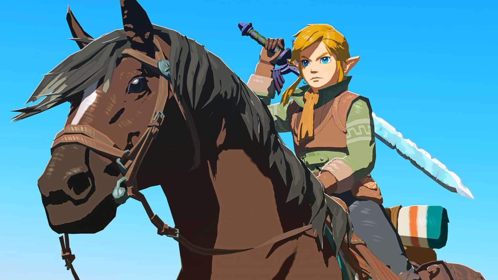 Link riding horse with the master sword in Breath of the Wild