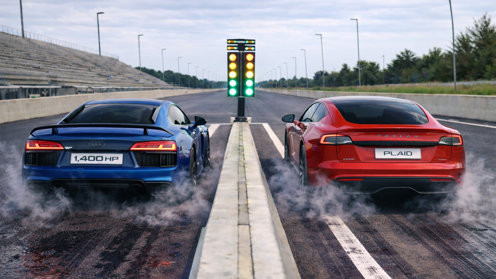 1,400HP Audi R8 vs Tesla Model S Plaid drag race