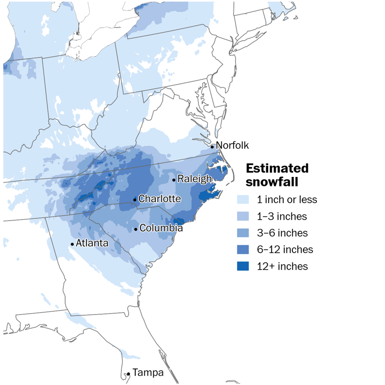'Historic storm' delivers biggest snowfall in decades for North Carolina