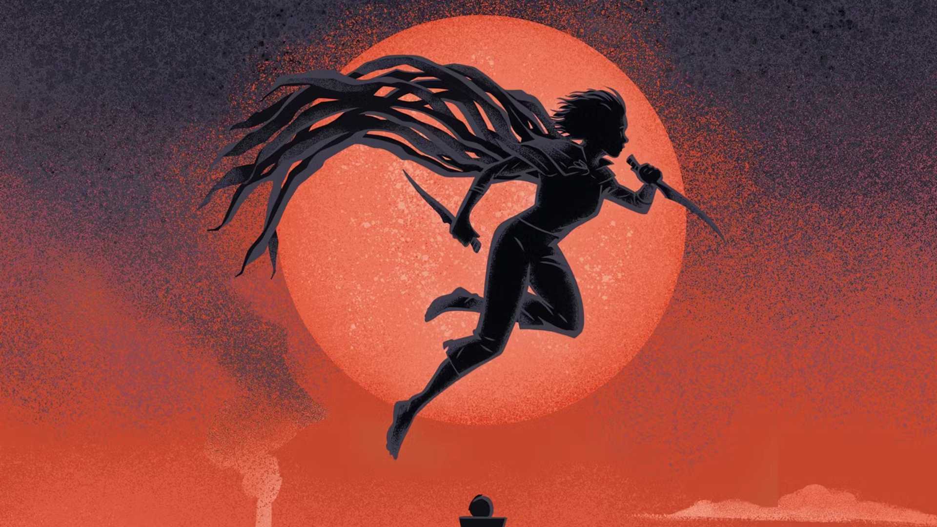 Mistborn's cover shows a woman jumping with a dagger in front of the moon